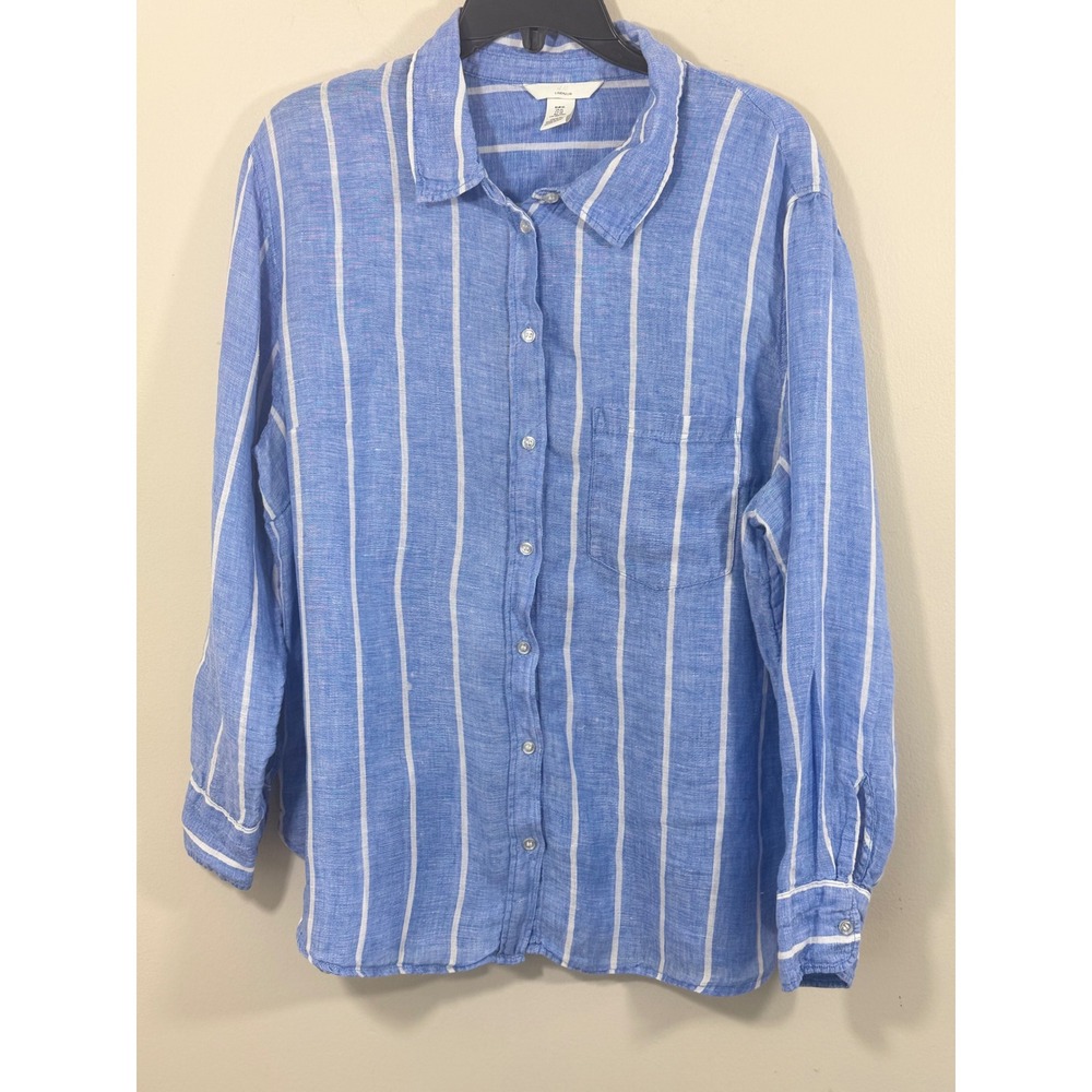 H&M Linen Shirt Women's XL Blue White Striped Coastal Oversized Button Up